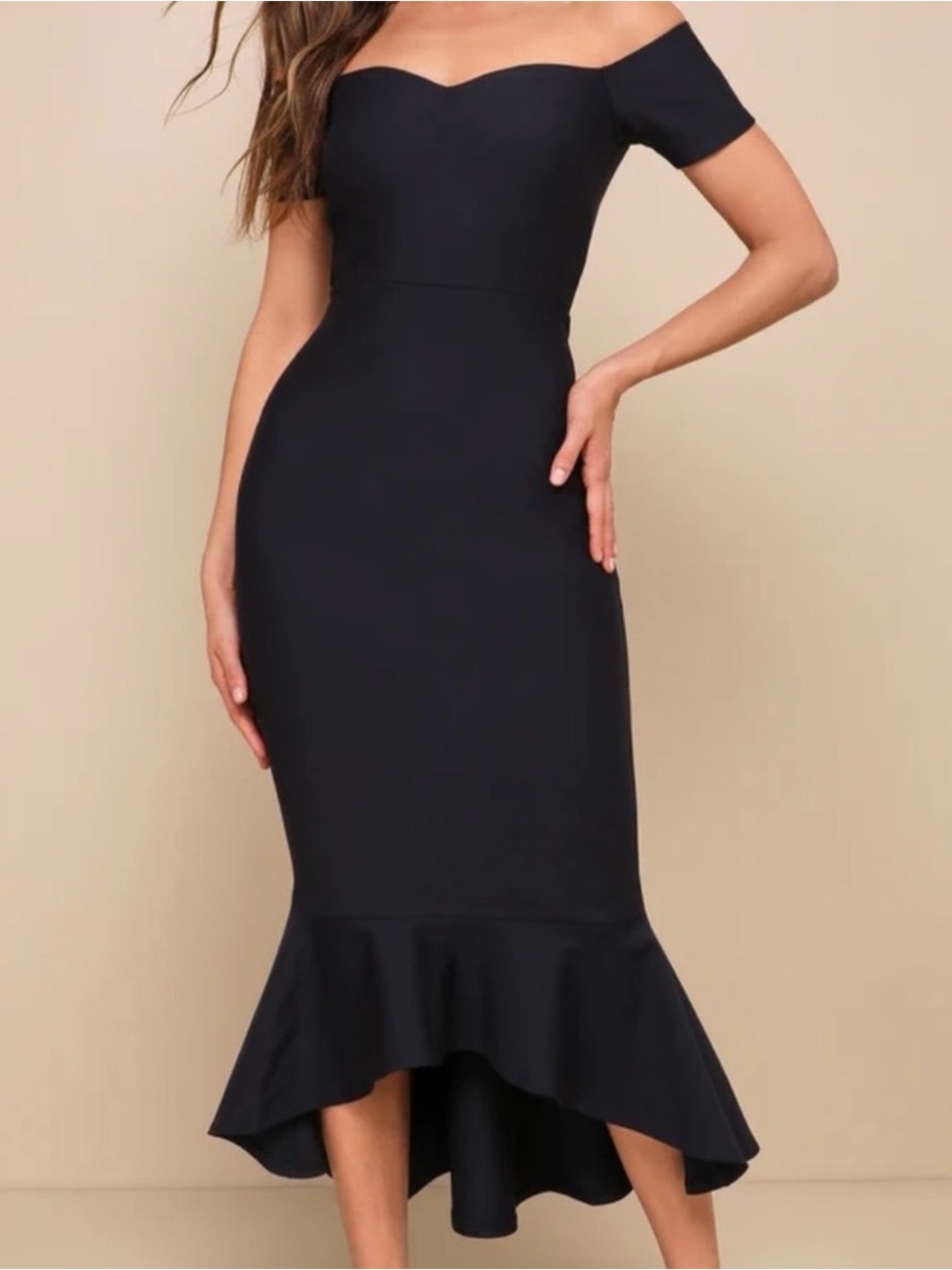 Lulu's Black Off-Shoulder High-Low Mermaid Hem Dress
